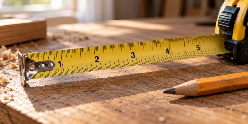 Close-up of a yellow tape measure extended across a wooden workbench showing the inch and fraction markings