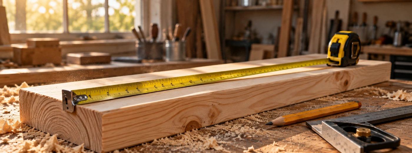 A tape measure pulled across a piece of raw pine lumber on a workshop table with a pencil and combination square nearby