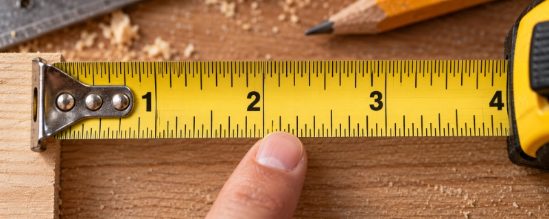 Extreme close-up of a tape measure blade showing the inch numbers and the smaller fraction tick marks between them, with a fingertip pointing at one tick