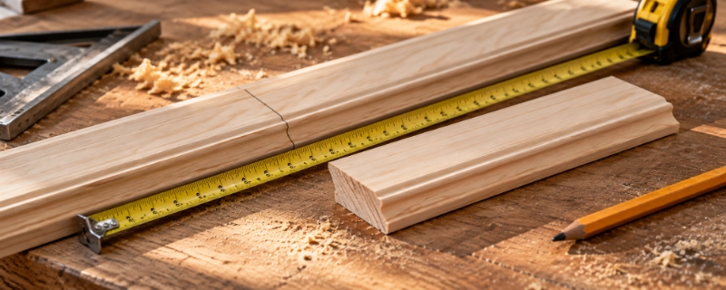 A cut length of wood trim lying next to a longer uncut board on a workbench, with a tape measure laid alongside both pieces