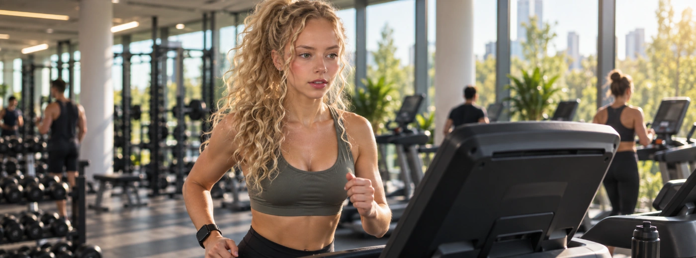 Woman running on a treadmill in a bright modern gym with a calorie display visible on the console