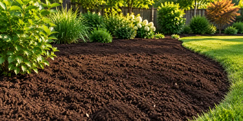 Rich dark topsoil being spread across a lawn with a rake
