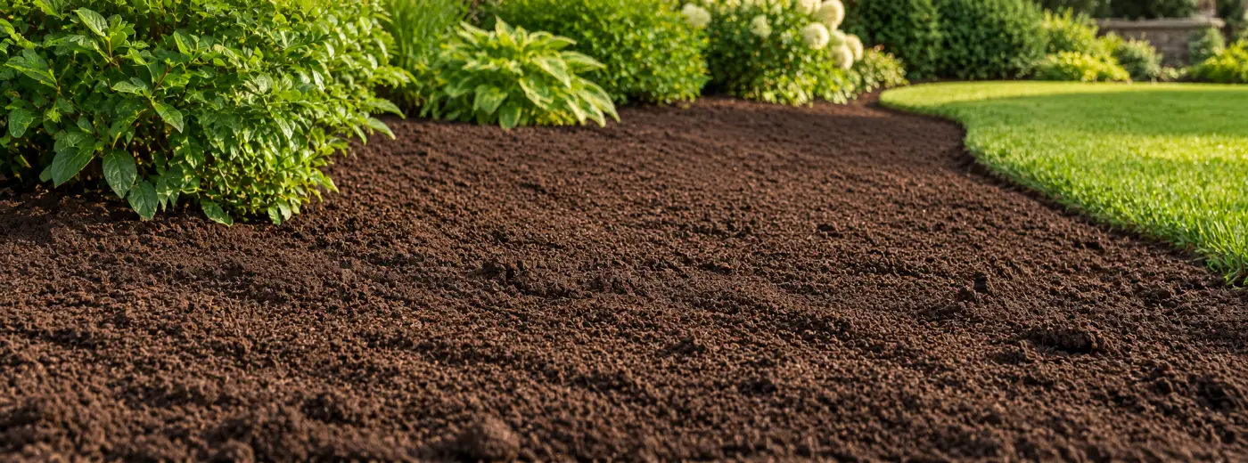 Freshly spread dark rich topsoil across a garden bed ready for planting
