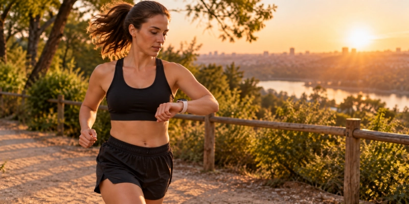 A fit woman running outdoors on a park trail at golden hour, checking a fitness watch mid-stride