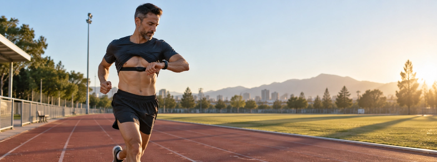 A male runner in his 40s mid-stride on an outdoor track at sunrise, checking a heart-rate strap and fitness watch