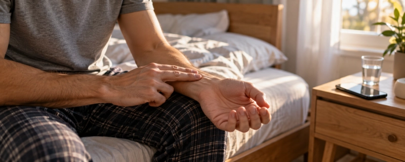 A person sitting on the edge of a bed just after waking up, checking their pulse at the wrist