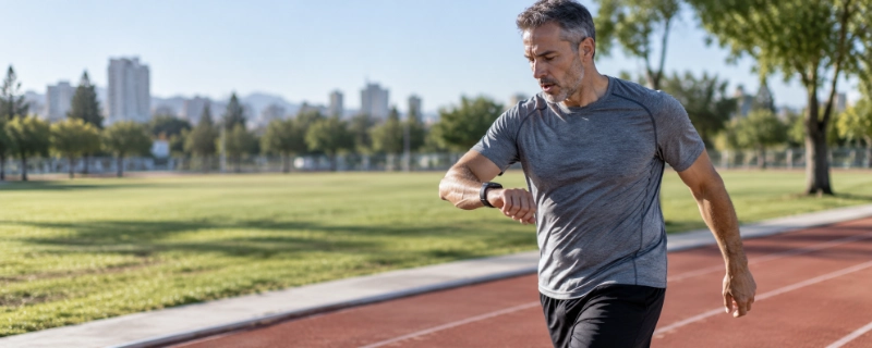 A middle-aged man power-walking briskly on an outdoor track, checking a stopwatch on his wrist