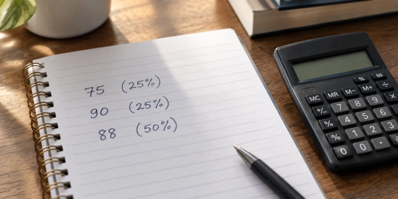 A notebook page with exam scores and percentage weights next to a calculator