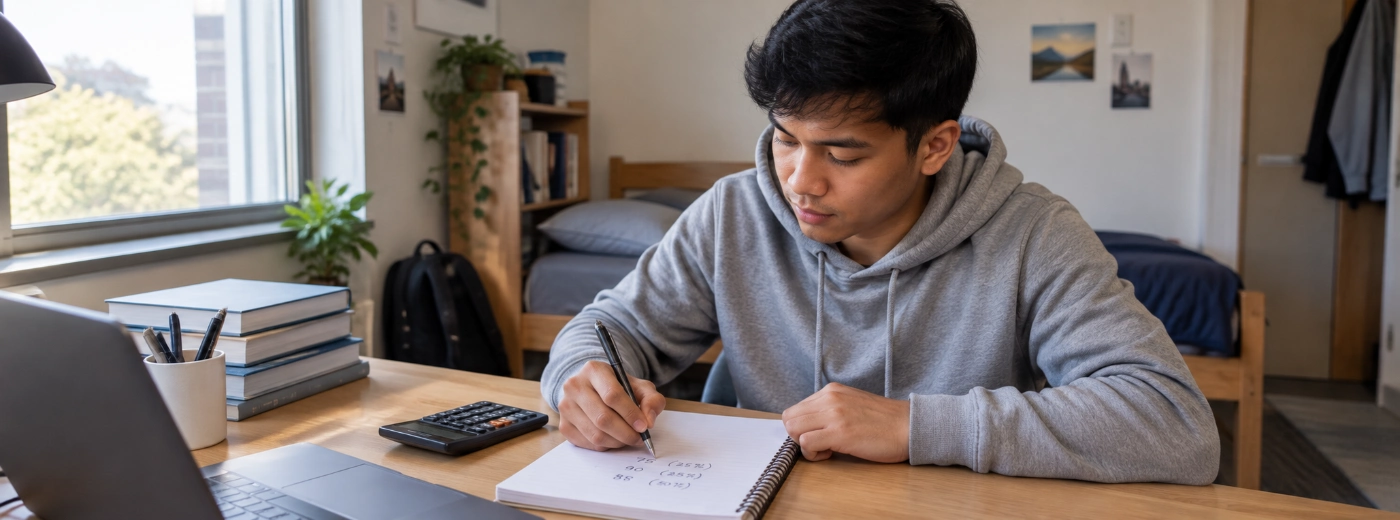 A young Filipino man at a study desk with a notebook and calculator, working out his exam grade weights