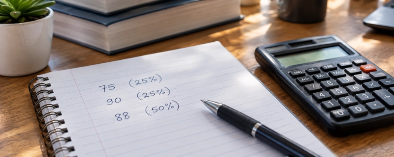 Close-up of a notebook page with three exam scores and their percentage weights written next to a calculator
