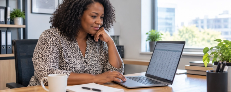 A woman at an office desk reviewing a spreadsheet of purchase quantities and unit prices
