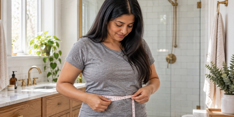 A woman measuring her waist with a soft tape measure in front of a bathroom mirror