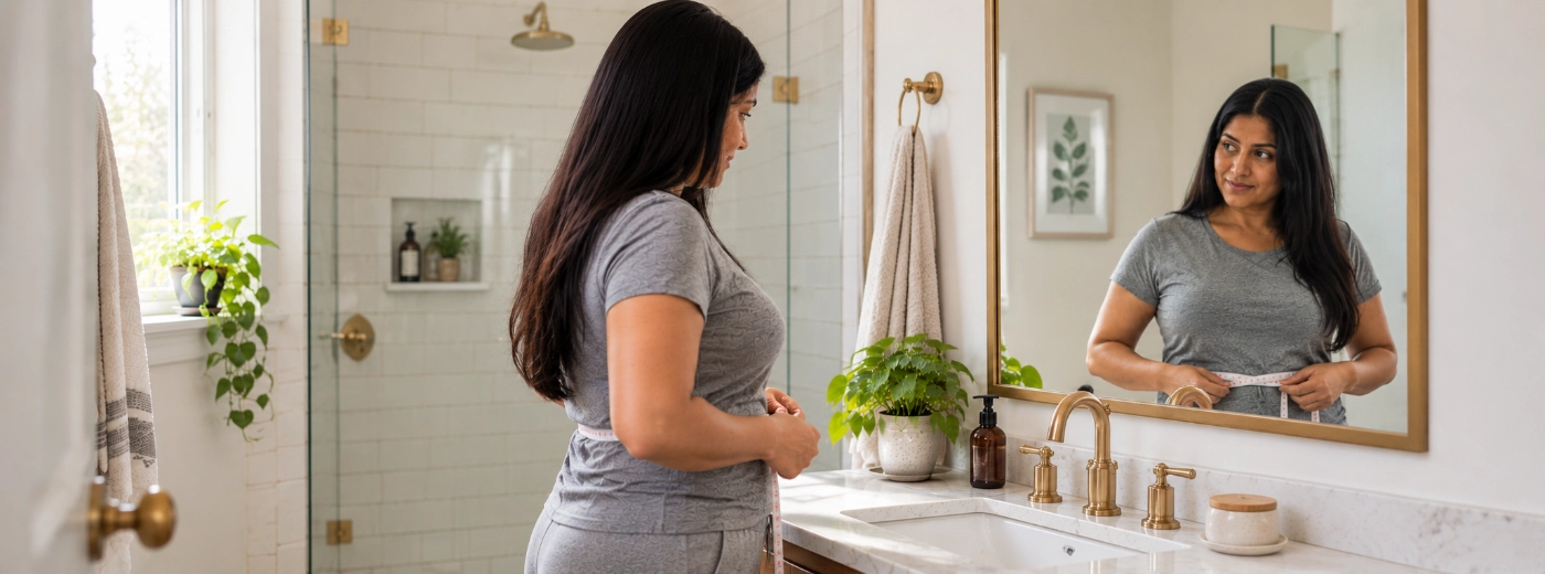 An Indian woman in her mid-30s with long straight black hair measuring her waist with a soft tape measure in front of a bathroom mirror, natural window light