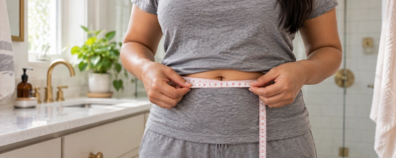 Close-up of an Indian woman's hands holding a tape measure snugly around her hips at belly-button height while standing in a bathroom