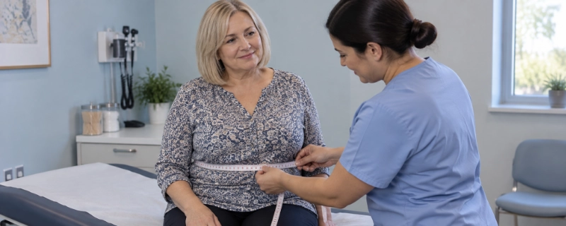 A Russian woman in her 50s with an ash-blonde bob having her waist measured by a nurse in a simple clinic exam room
