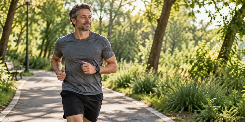 Man jogging at an easy pace on a park trail while checking his smartwatch heart rate