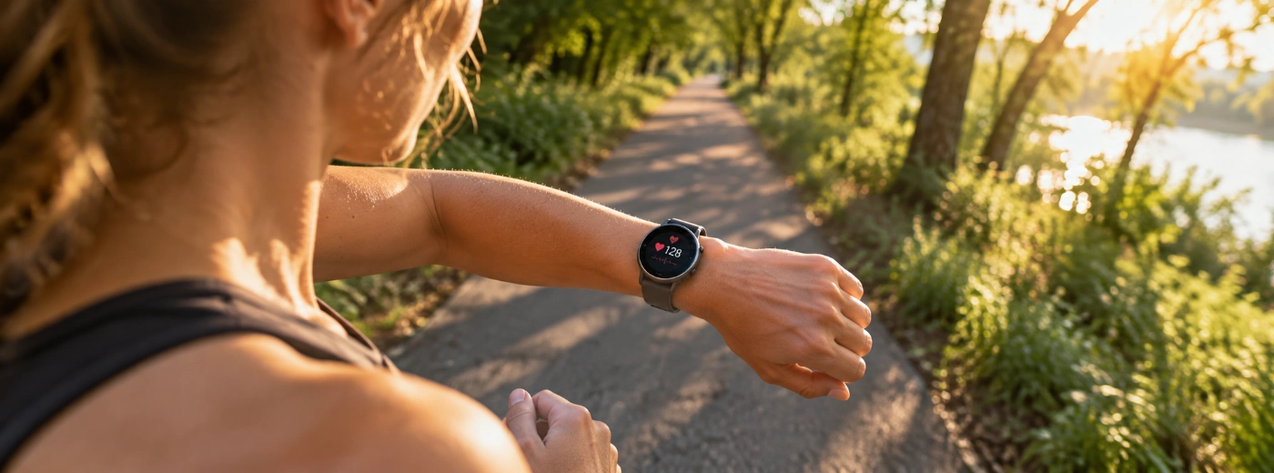 Woman's wrist showing smartwatch heart rate display mid-stride on a sunlit outdoor trail